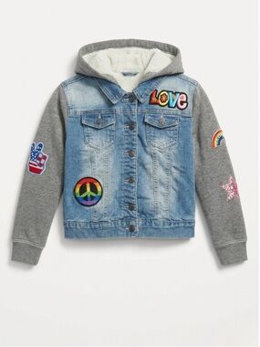 VIGOSS Girls Kids Size 6 Lined Denim Hooded Jacket Patches Peace Love Star
